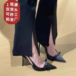 2024 New Summer French Black High Heel Shoes with a Bow Headed Style, Water Diamond Slim Heels, Straight Line Sandals