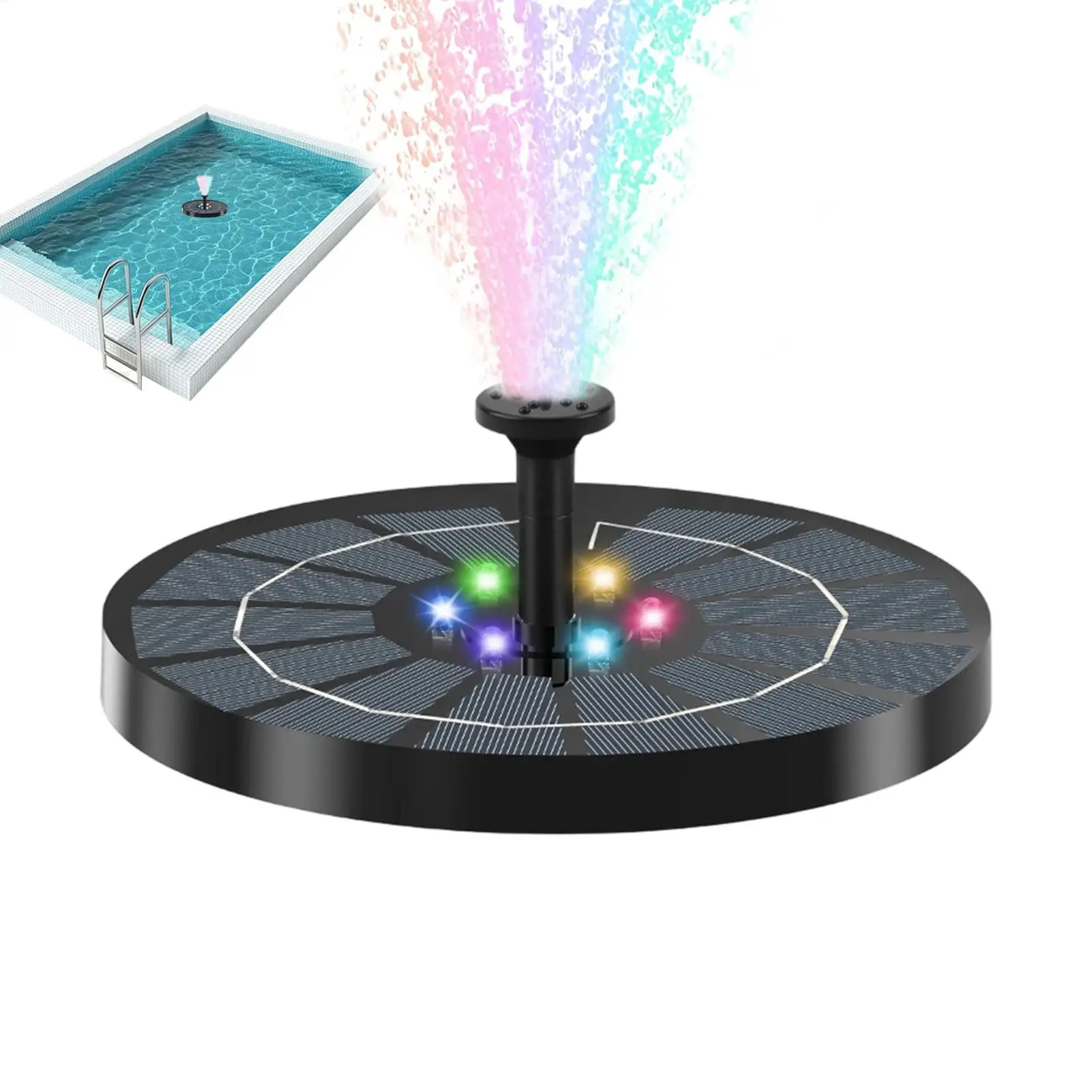 Bird Bath Fountain Light 7 Colors LED Solar Fountain Light Rotating Fountain with 6 Nozzle Water Pump Outdoor Bird Bath Garden