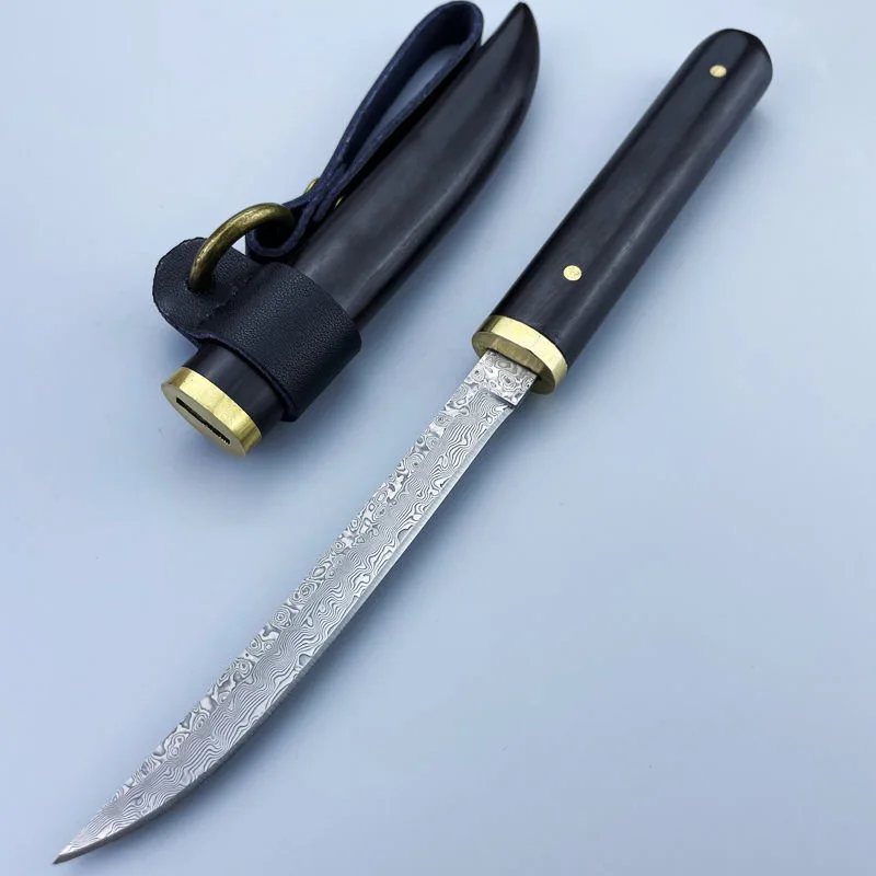 Japanese samurai style collectable hunting knife 107 layer damascus steel handmade fixed blade knives with ebony handle sheath