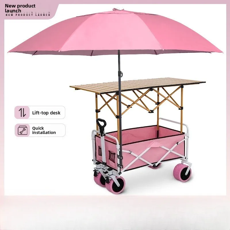 Pink Foldable Camping Wagon Cart with Table & Umbrella, Portable Outdoor Vendor Trolley for Picnic & Vending