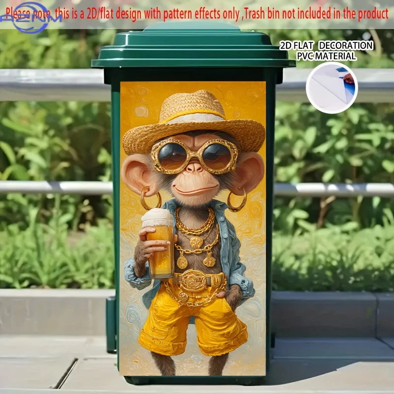1pc 2D/FLAT Stylish Monkey with Drink Pattern Self - Adhesive Dustbin Stickers,  Suitable for Dustbins, Walls, Kitchen Decorat