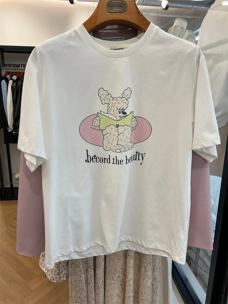 

Футболка из смесового хлопка в корейском стиле с короткими рукавами, женская мягкая футболка с мультяшными надписями, универсальная летняя модная рубашка, нестареющая по мотивам классических историй