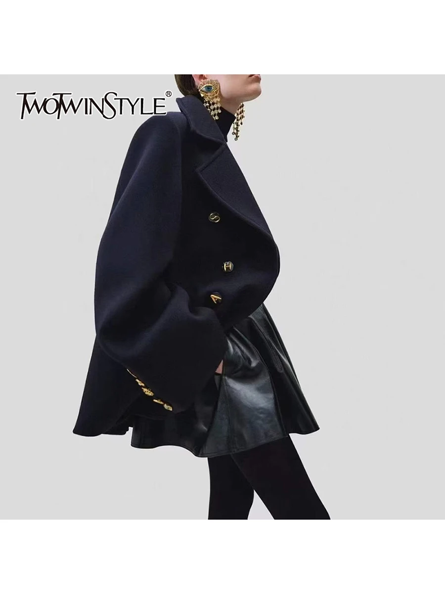 

TWOTWINSTYLE Solid Spliced Double Breasted Temperament Coats for Women Lapel Long Sleeves Patchwork Pockets Coat Female Clothing