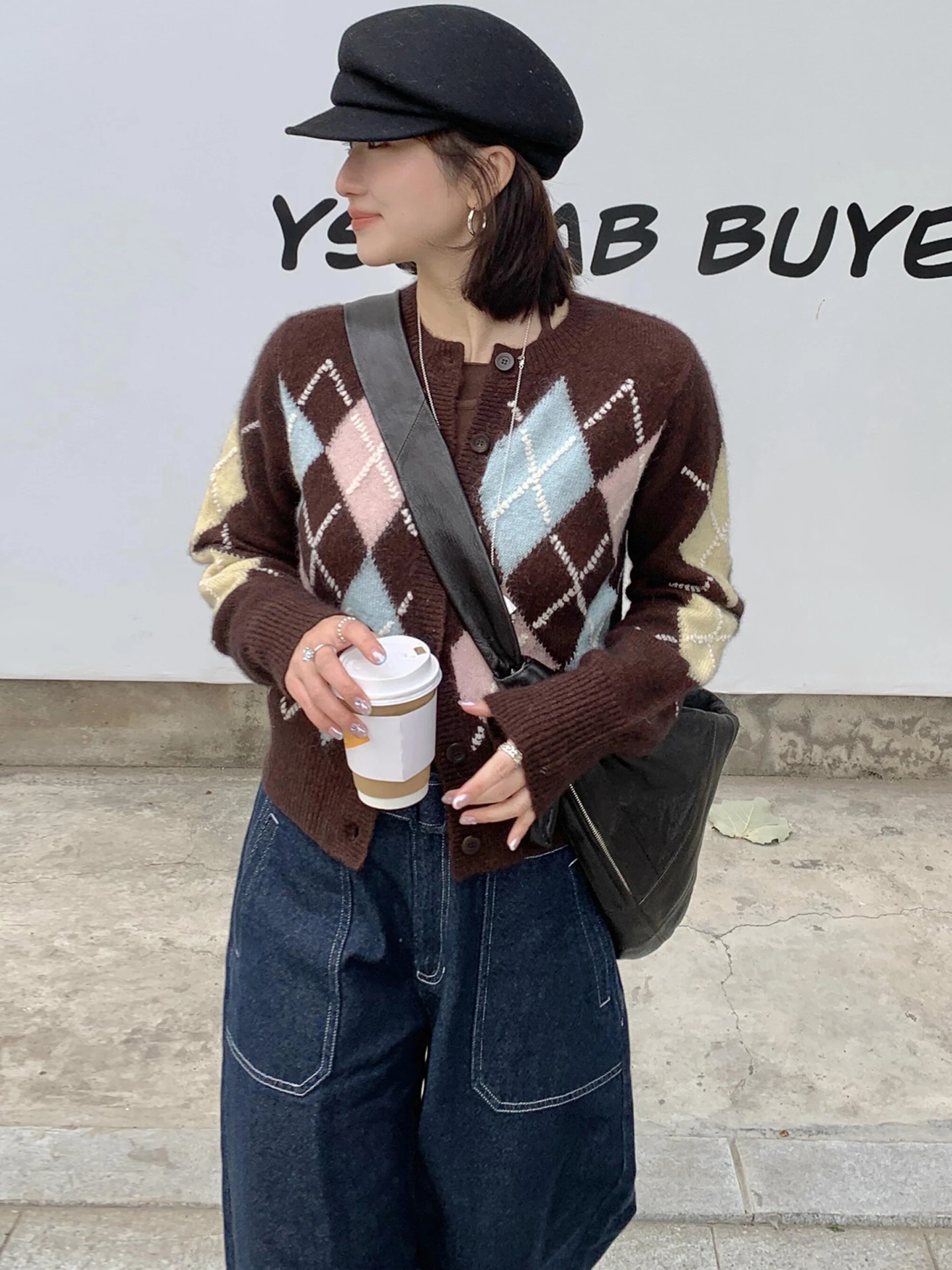 

High-End Women's Knitted Sweater Coat Diamond Pattern College Sle Long Sve round Ne ort Length Button Closure Outerwear