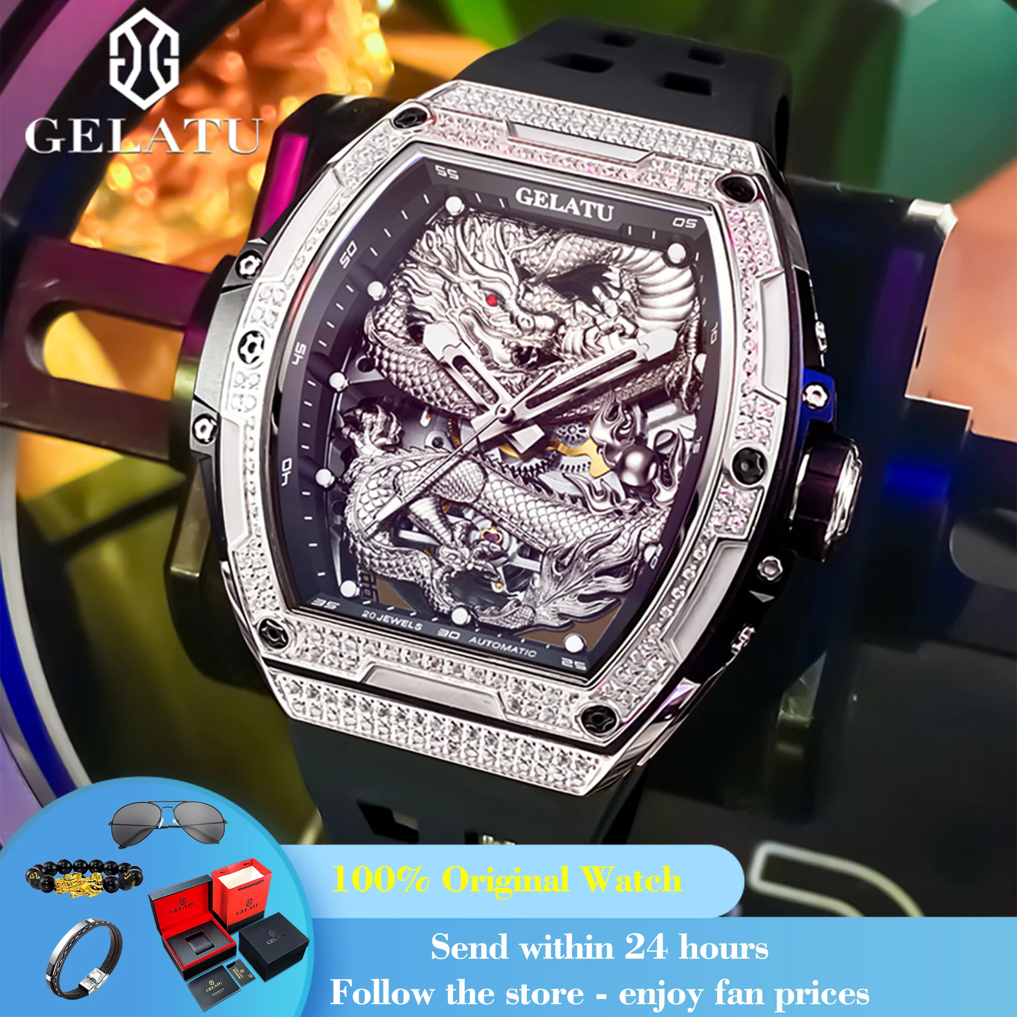

GELATU 6021 Watch Man Hollow Dragon Luxury Mechanical Watch For Men Big Dial Automatic Wristwatch Waterproof Luminous Men Clock