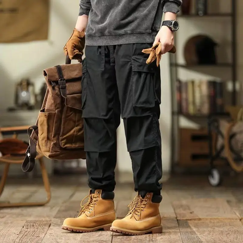 Black Male Trousers Stacked Multipockets Techwear Emo Regular Fit Korean Style Nylon New In Aesthetic Cheap Men's Cargo Pants