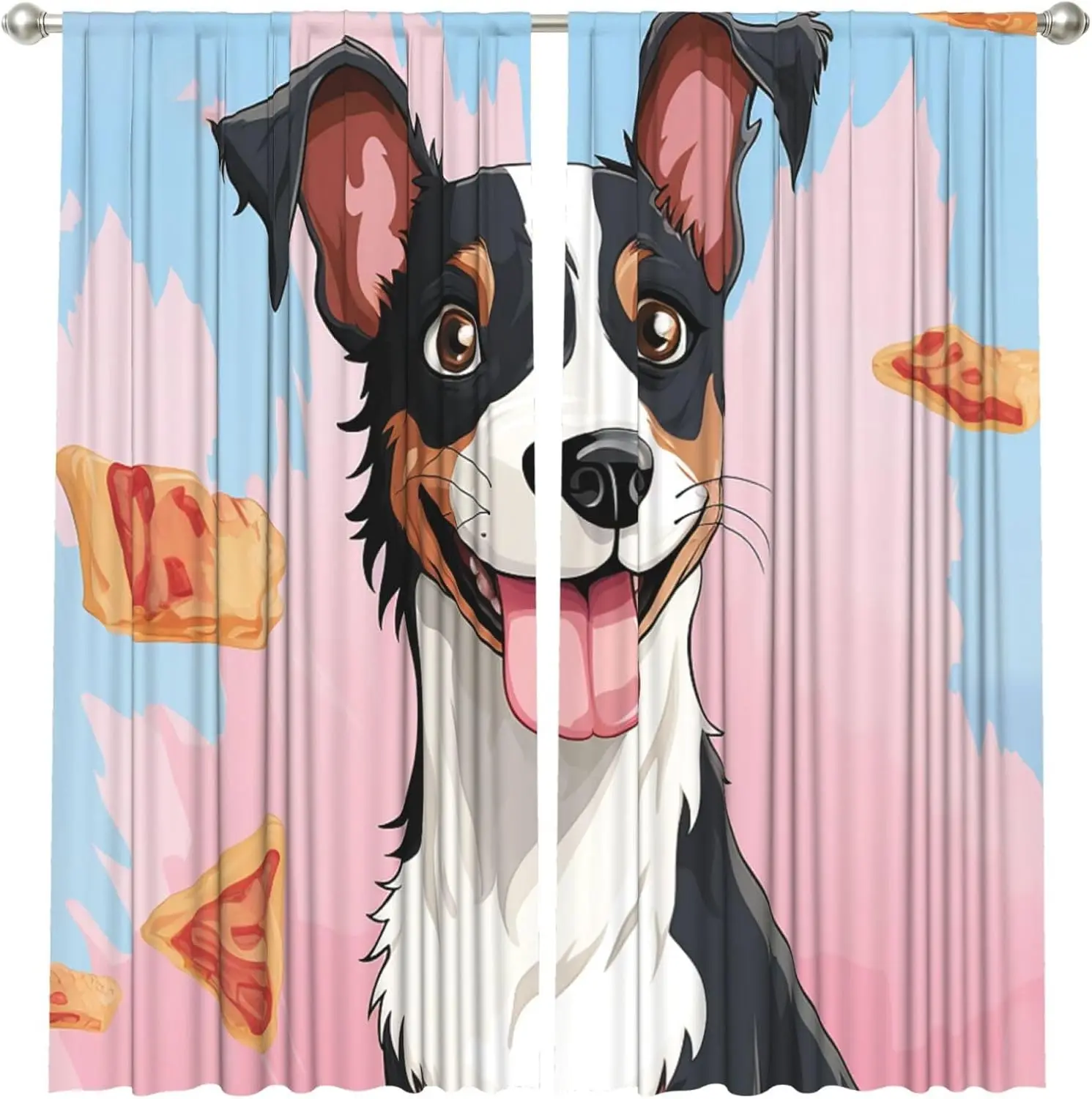Whimsical Dog and Pizza Pattern Window Curtains for Home Decor Cute Border Collie Pet Lover Cartoon Style Bedroom Living Room Dr
