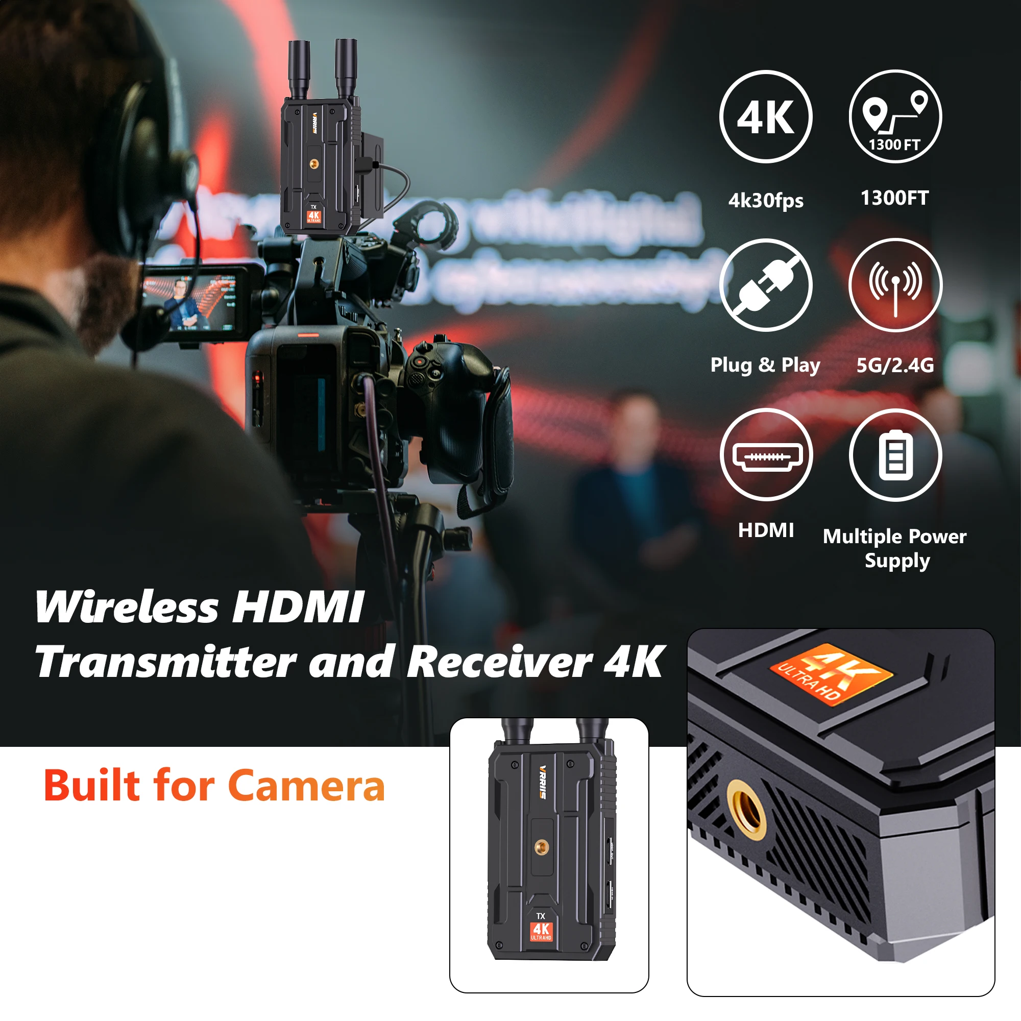 4k Wireless Extender HDMI Video Transmitter and Receiver Supports Outdoor Cameras, Live Streaming, PTZ, Surveillance Equipment