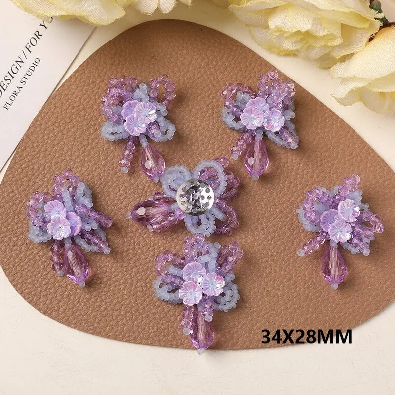 Purple Glass Beads Beaded Flower Embellishment 4pcs Wholesale Bead Flora Button Wedding Jewelry Decoration Accessory