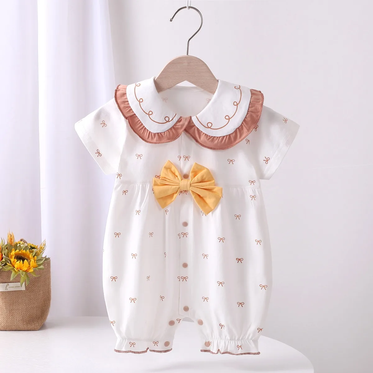Baby Unisex Summer Lightweight Princess Romper 6-18M Kid Pure Cotton Breathable Comfy Bodysuit Infant Cute Ruffle Collar Onesie