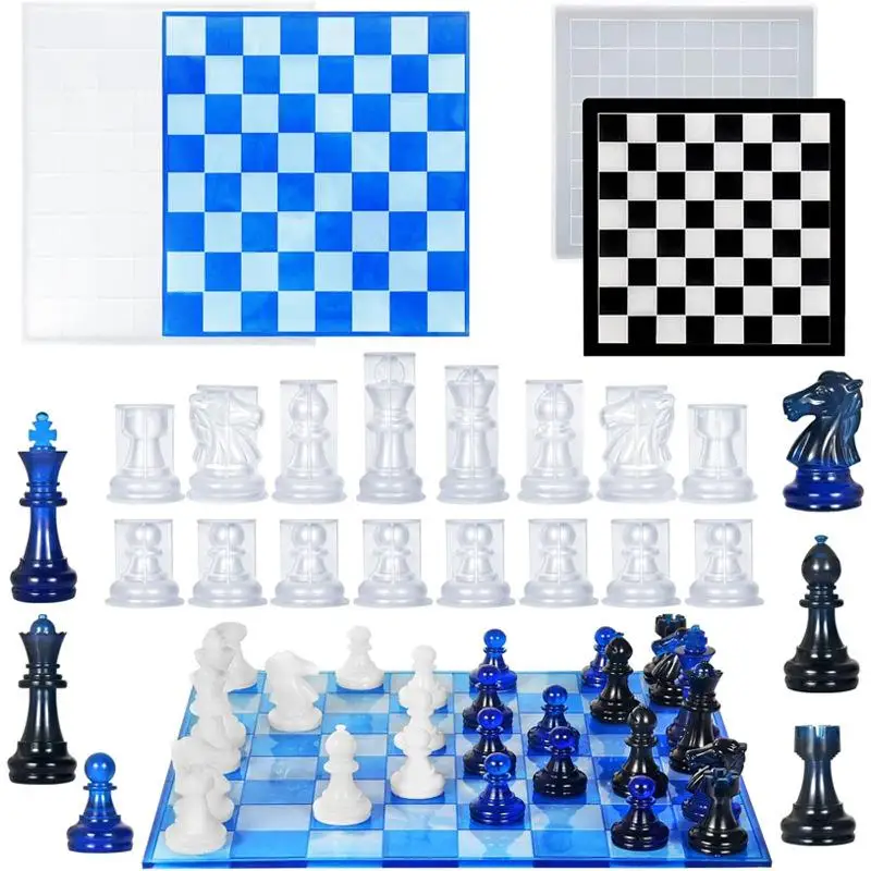 Moule en résine pour jeu d'échecs avec échiquier, moules en silicone 3D pour échecs en résine, pour la création de cadeaux d'anniversaire et de projets DIY