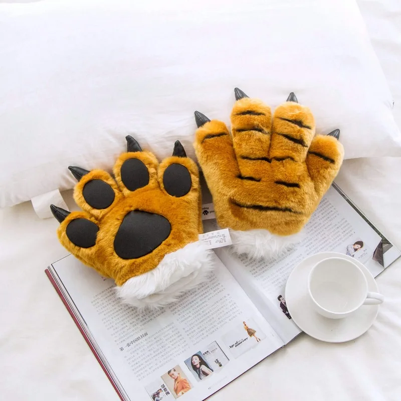 Winter Warm Gloves For Men And Women Creative Animal Leopard Tiger Paw Gloves Cute Ears Hairband Dress Up Performance Props