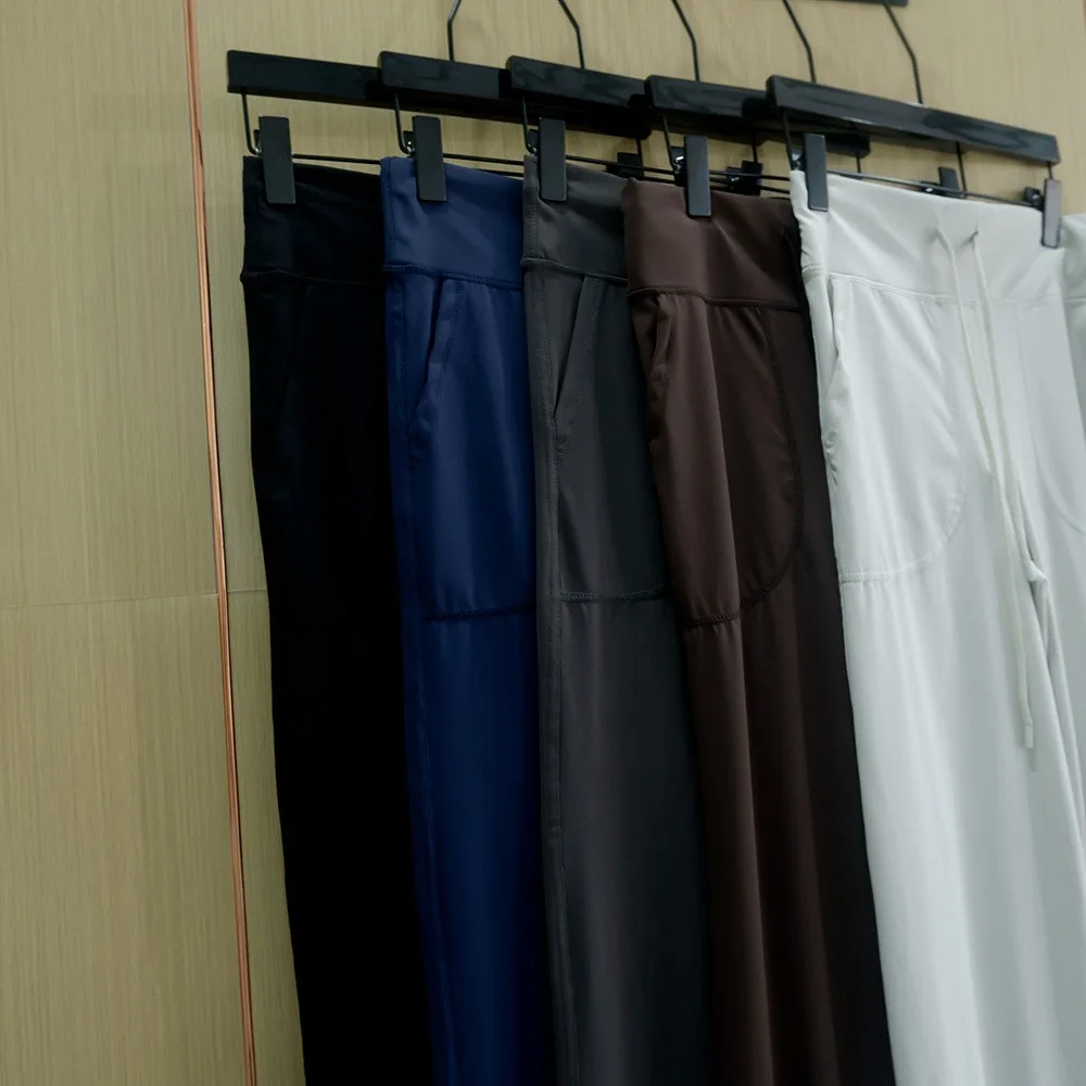 Lässige, hochtaillierte, weit geschnittene Hose mit Kordelzug für Damen, hochelastische, glatte und seidige Spandex-Yogahose für den Sport