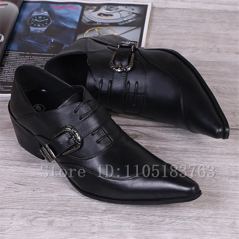 블랙 정품 가죽 남성 비즈니스 신발 뾰족한 발가락 레이스 업 버클 두꺼운 굽 옥스포드 웨딩 파티 정장 드레스 신발