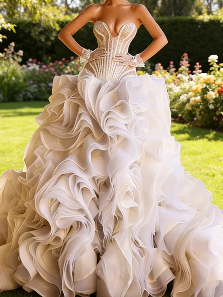 Luxury Irregular Collar Beading Sleeveless Ruffles A-Line Bride Wedding Dresses Bridal Gowns Customized