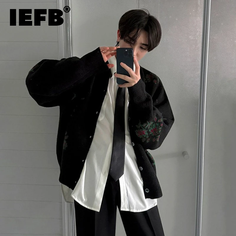 IEFB Niche Design Men's Sweaters Round Collar Flowers Design Contrast Color Loose Male Single Breasted Cardigan Autumn 9C7994