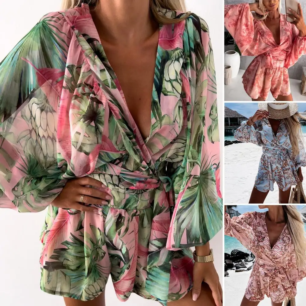 Pretty Comfortable Women Romper Deep V-Neck Flower Print Lantern Long Sleeve Casual Playsuit Jumpsuit Elastic Waistband