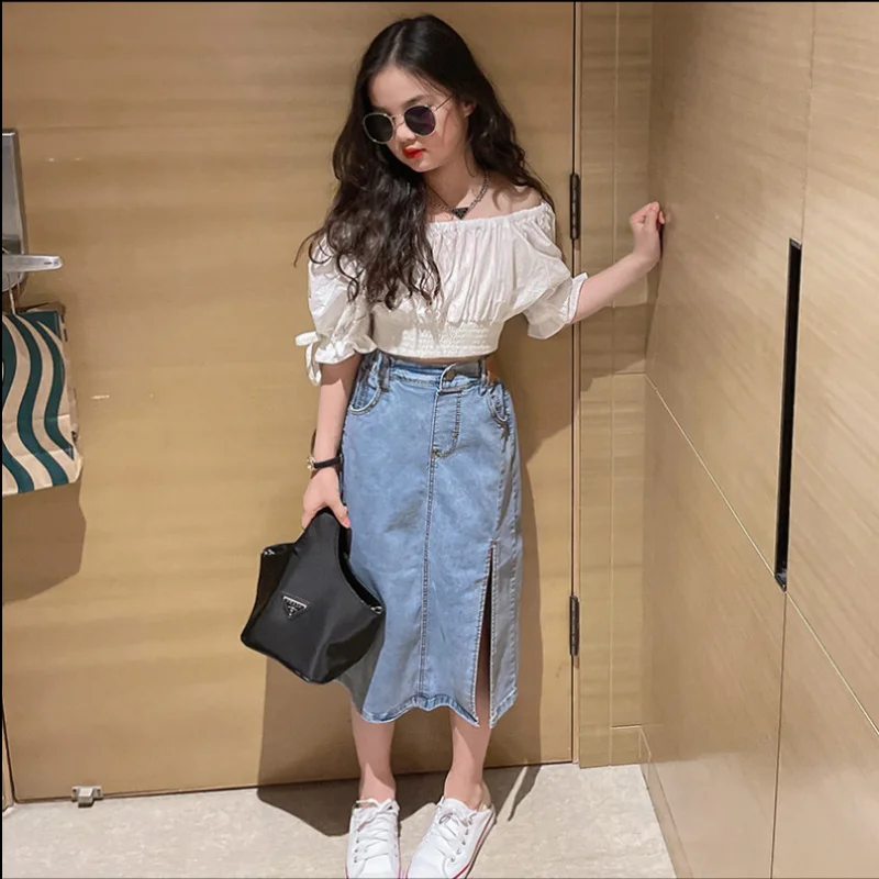 

2025New Summer Clothes for Girls Fashionable Suit Children's Clothes Internet Celebrity Big Children Western Style off-the-Shoul