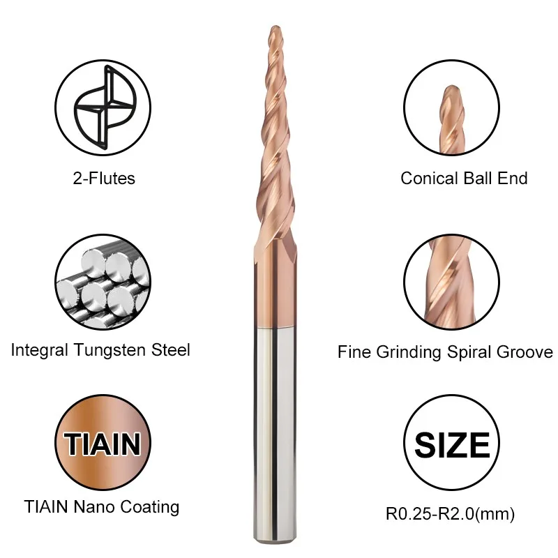 YIFINO Conical Ball End Milling Cutters 2-Flutes Tungsten Steel Carbide R0.25-R2.0mm CNC Endmills HRC55 Extended Milling Cutter
