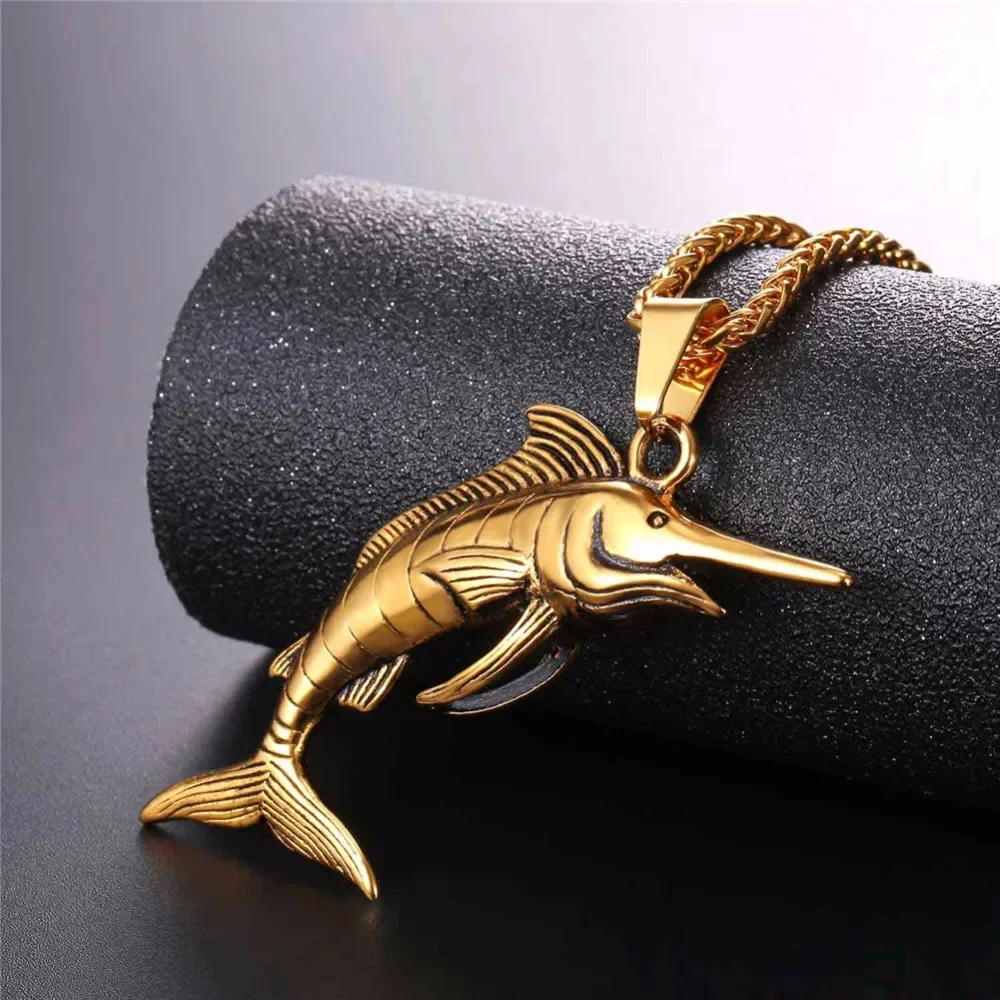 Stainless Steel Swordfish Necklace Steampunk Big Fish Jewelry for Men GP2593