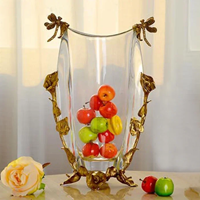 High-end luxury vase flower arrangement, home accessories, crystal with copper fruit plate, fruit bowl