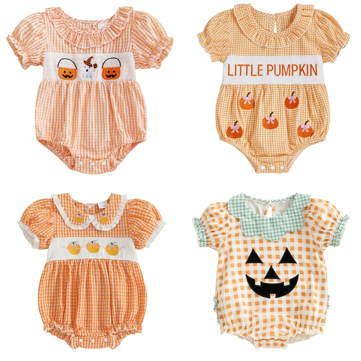 

Baby Girl Halloween Outfit Infant Ghost Bubble Smocked Romper Newborn Plaid Bodysuit Shirt Toddler Fall Clothes