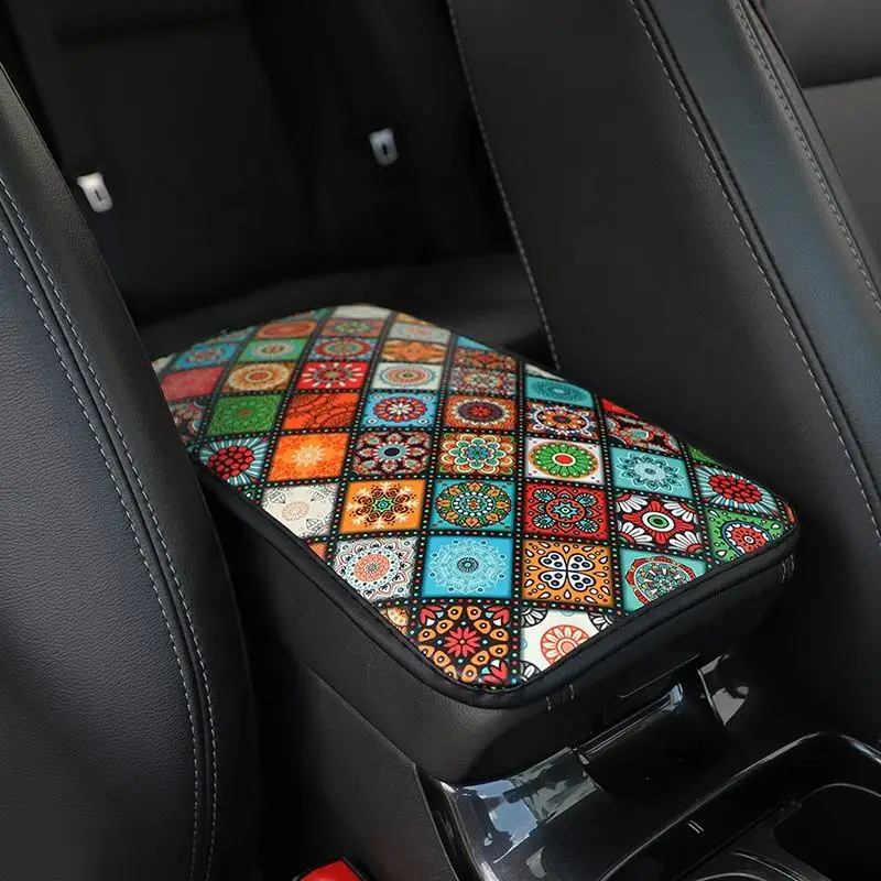 Ethnic Style Print Car Armrest Cover Mat Universal Leather Waterproof Non-slip Storage Box Pad Auto Styling Interior Accessories