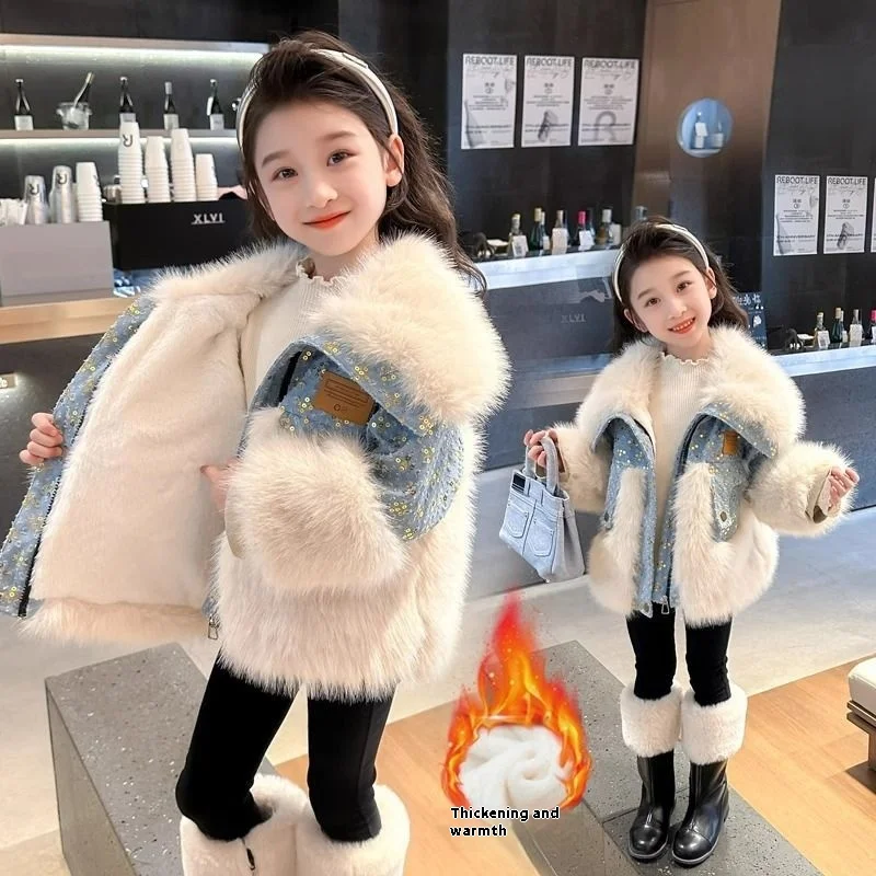 Girl's coat Yankee thickened imitation leather 2025 new fur children's cowboy cotton clothing padded winter winter models