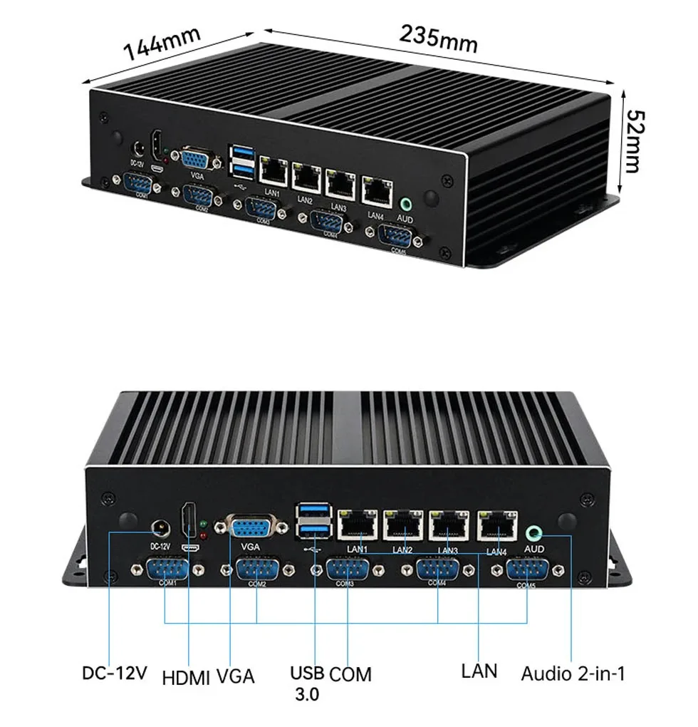 Mini PC industriale XCY con 4xLAN 6xRS232/485 2xUSB3.0 4xUSB2.0 1xHDMI 1xVGA Supporto WiFi LVDS Computer Windows10Pro Ready