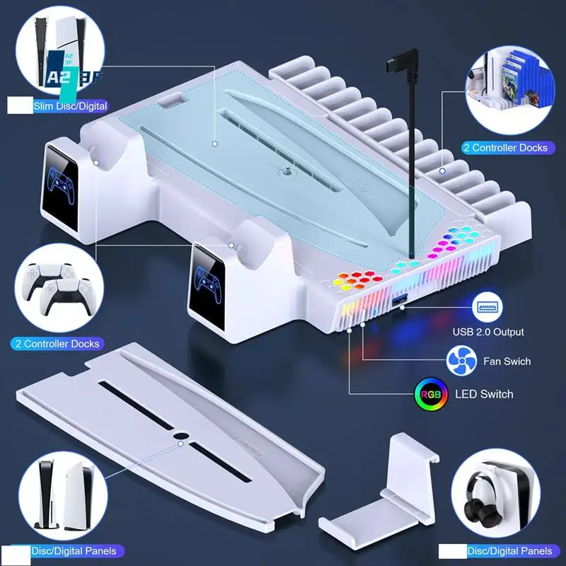 

A23F-S3000 RGB вертикальная подставка, контроллер охлаждающей станции, зарядное устройство для Playstation 5 Slim/Playstation 5, цифровой/дисковый