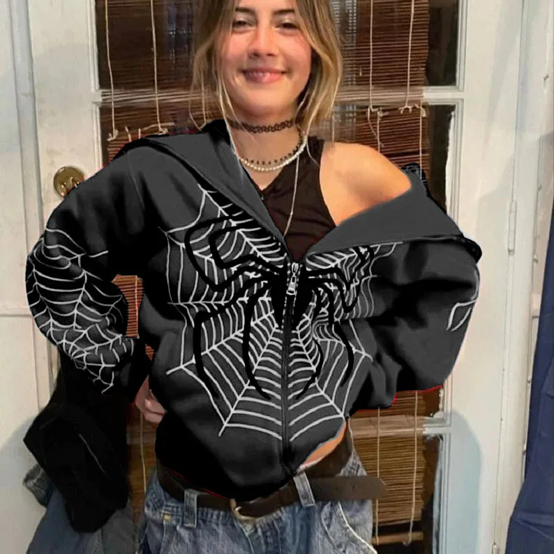 Y2K Spider Web Graphic Zip Up Hoodie Oversized Fleece Hooded Jacket Unisex Vintage Streetwear Spring Autumn Casual Outerwear Coa