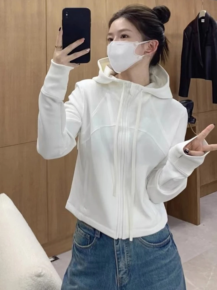 Długi kardigan z kapturem w jednolitym kolorze, wyszczuplający, zapinany na zamek, w stylu koreańskim, casualowy, wygodny, miękki top.