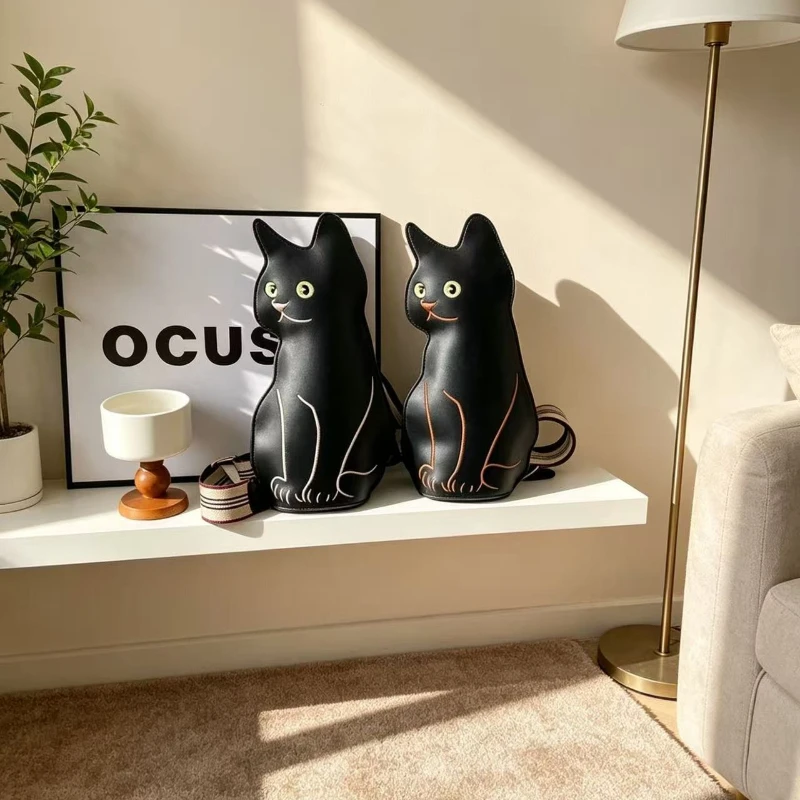 

Cute Stylish Black Cat Crossbody Bag Ladies Chest Bag Large Capacity PU Leather Purse Retro Animal Design Cartoon Shoulder Bag