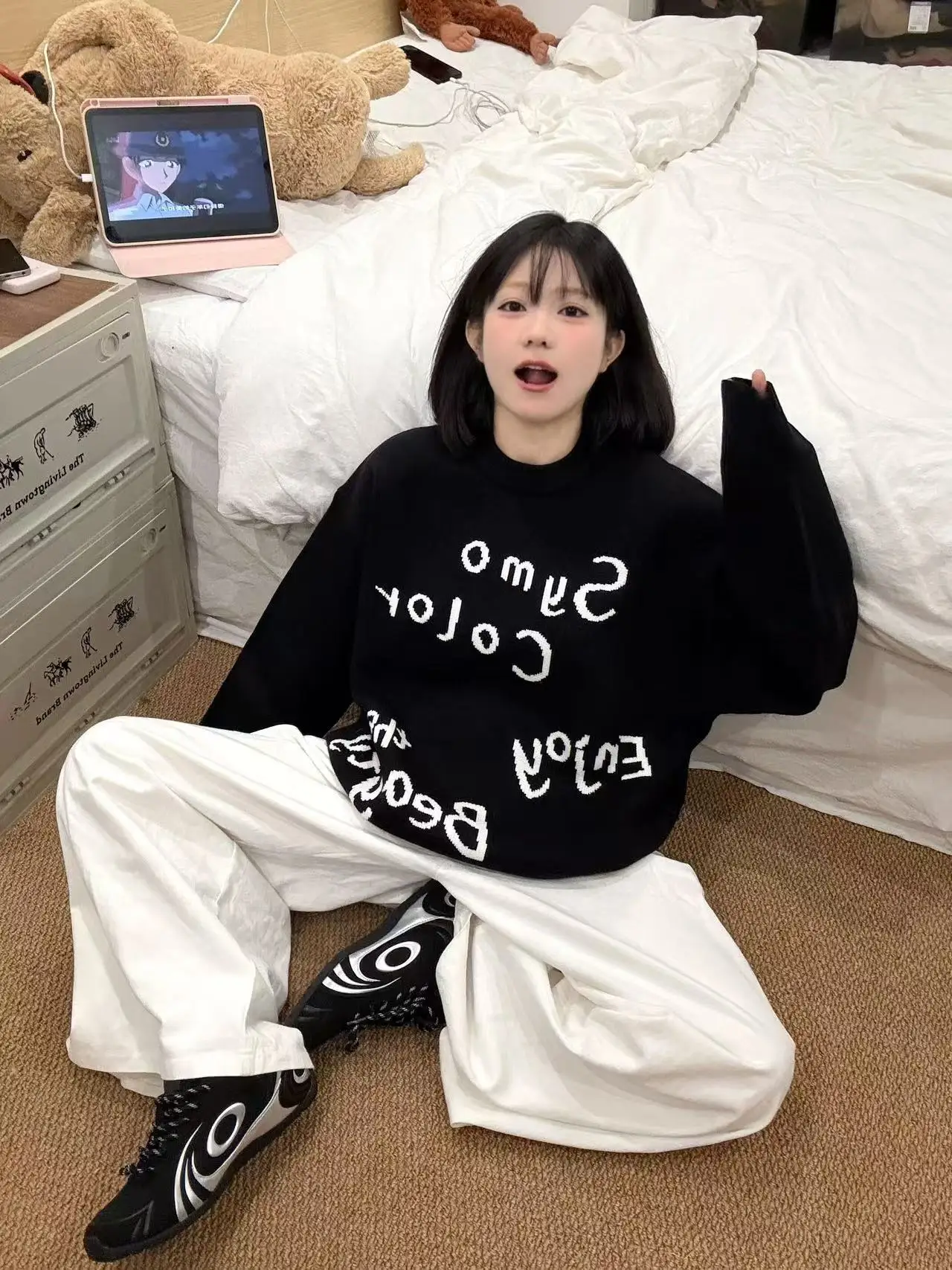 

Bla круглый вязаный свитер Ne, женский осенне-зимний новый свитер с вышивкой букв, свободный длинный модный топ для ленивой пары