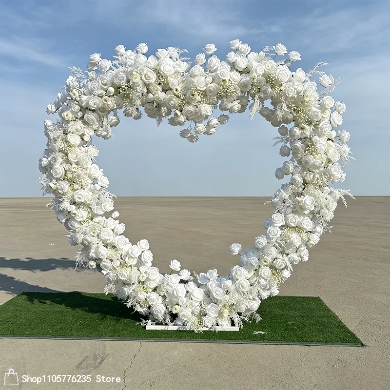 Weißer Rosen- und Schleierkraut-Herzförmiger Blumenbogen, Künstlicher Blumen-Hochzeitshintergrund, Rahmen für Zeremonien, Partys, Fotobox-Dekoration, Requisiten – Detail 8