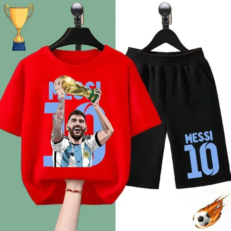 Summer Kids T-shirt Soccer star Messi Print Sports Boys Girls Casual short sleeve shorts Fashion Black shirt Sports shirt set