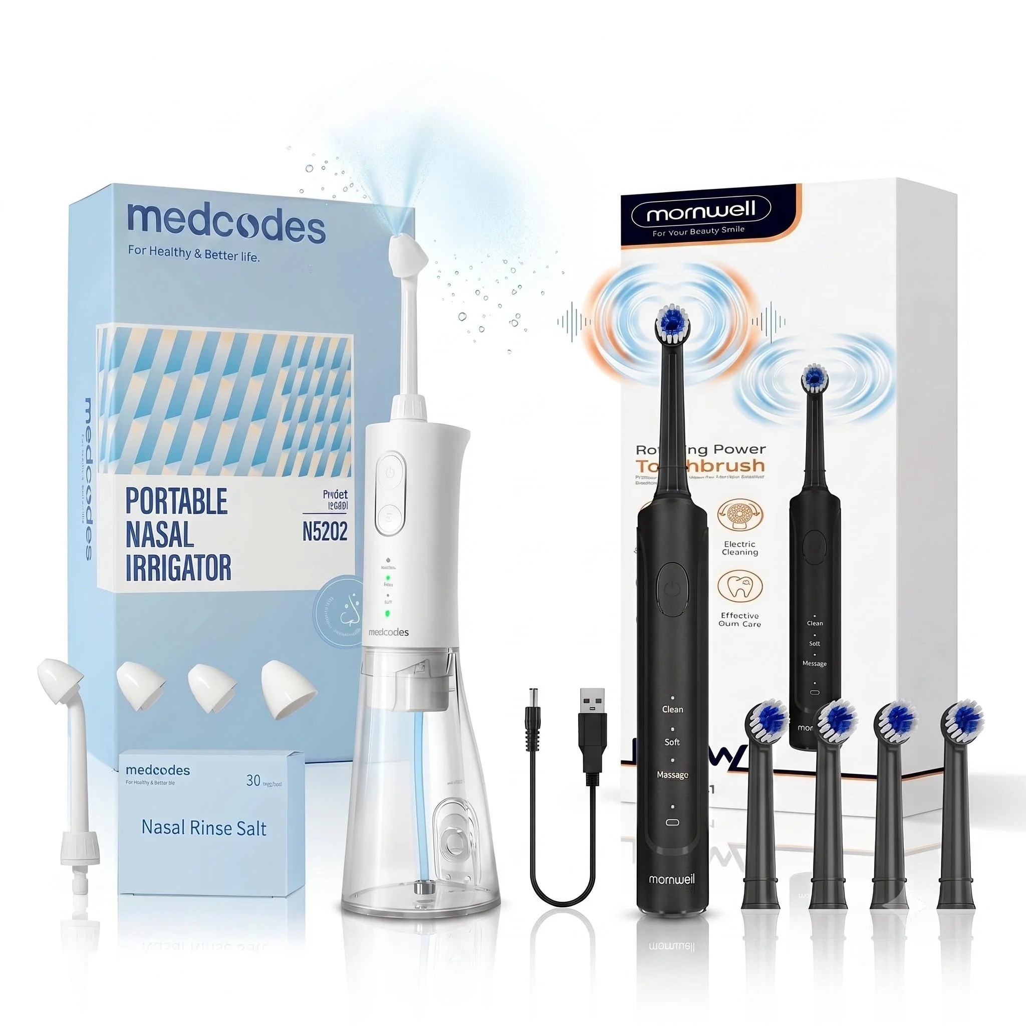 

Mornwell Portable Nasal Irrigator and Electric Toothbrush Combo, Rechargeable Nasal Rinse & Oral Care Set for Home and Travel