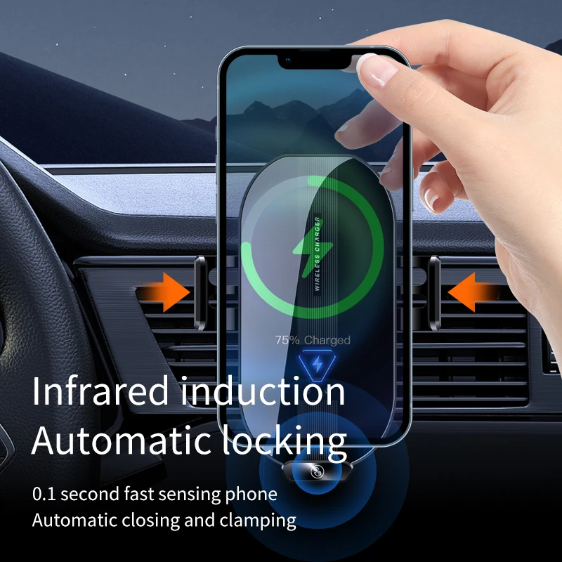 15W Wireless + Mag Tips Car Mount – IR Auto Clamp, 360° Rot, Glow Logo, Low Temp, Vent Mount for iPhone & Android(A75)
