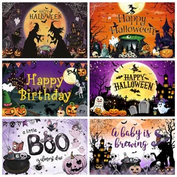 Happy Halloween Backdrop Horror Moon Pumpkin Witch Bat Castle A Little Boo is Almost Due Baby Photography Background Party Decor