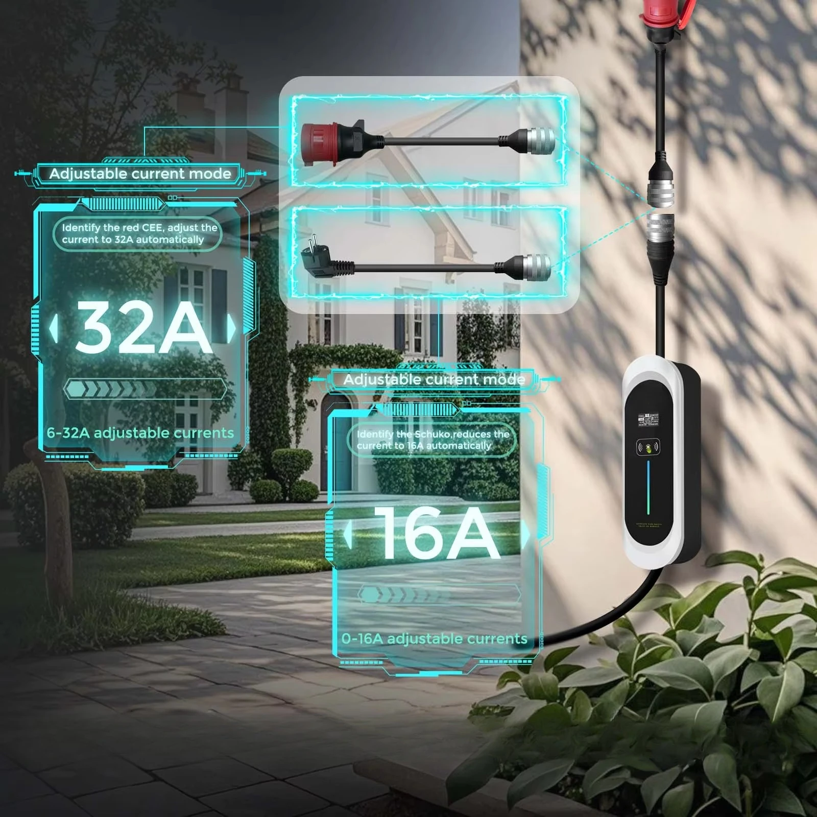 Zencar Model E 32A 22KW AC EV Charger 400V Portable Fast Home Electric Vehicle Charging with GBT Connector 3-in-1 Multi Plugs