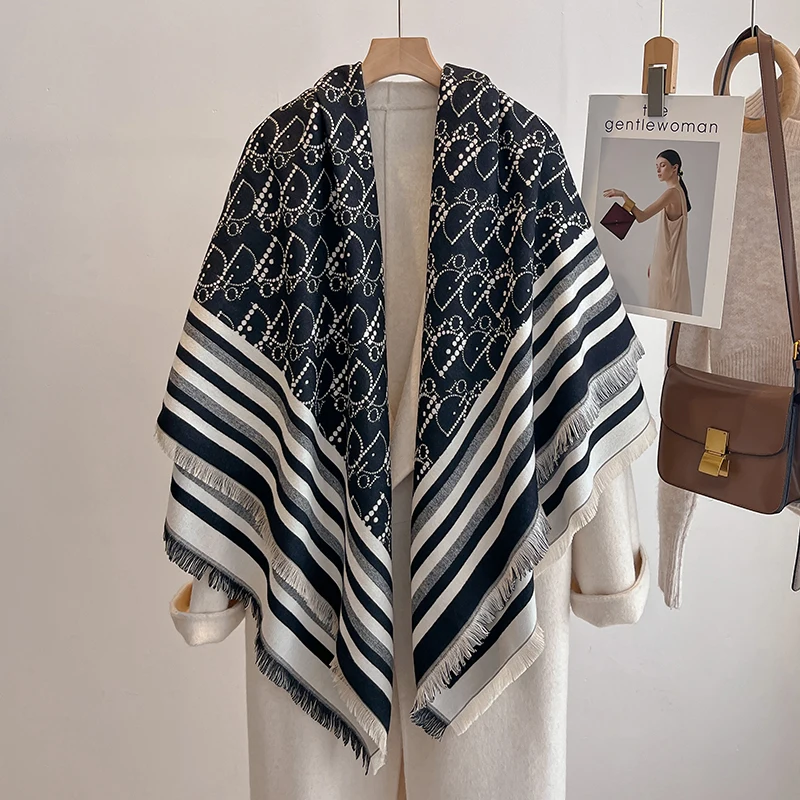Elegante listrado design cachecol imitação de caxemira macio quente versátil xale à prova de frio à prova de vento cobertor cachecol para outono inverno