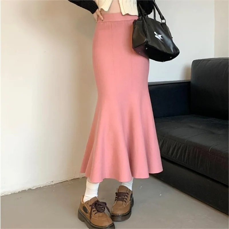 Autumn And Winter Korean French Fashion Solid Temperament Elegant A-Line Pencil Long Trumpet Mermaid Long Slim Knitted Skirt