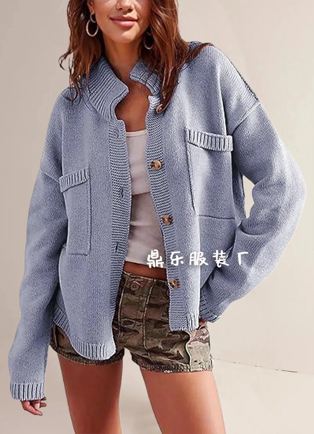 가을 겨울을위한 새로운 여성 니트 카디건 스웨터 느슨하고 따뜻한 솔리드 컬러 스탠드 업 칼라 싱글 브레스트 스웨터