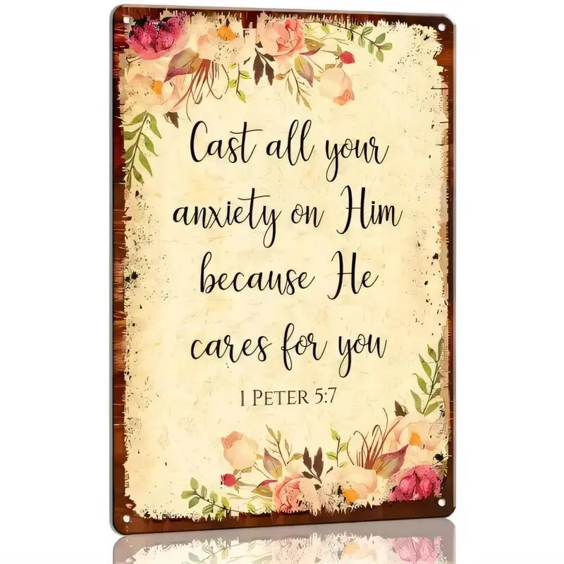 Vintage Floral 1 Peter 5:7 Bible Verse Metal Tin Sign - 2D Retro Iron Wall Art, Perfect for Home Bedroom Farmhouse Decor, Inspir