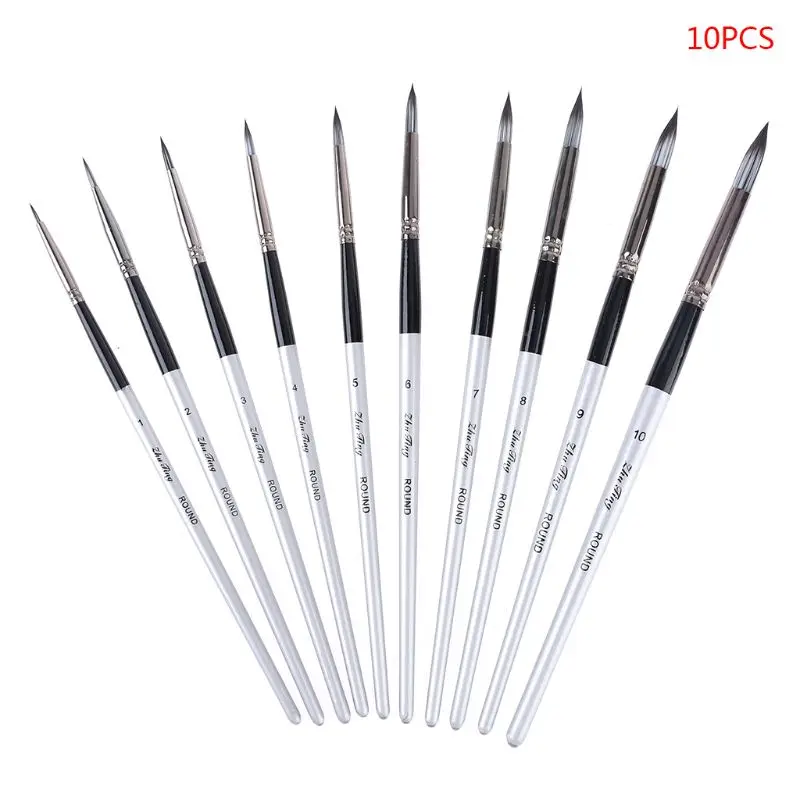 10 Pcs Nylon Hair Artist Paint Brush Round Point Tip Set Tool Long Handle Supply 24BB
