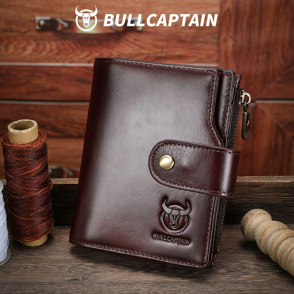 BULLCAPTAIN  Top-GrainLleather Short Wallets for Men RFID Vintage Coin Purse Card Holder Male Money Clip Wallet Bag Handbag