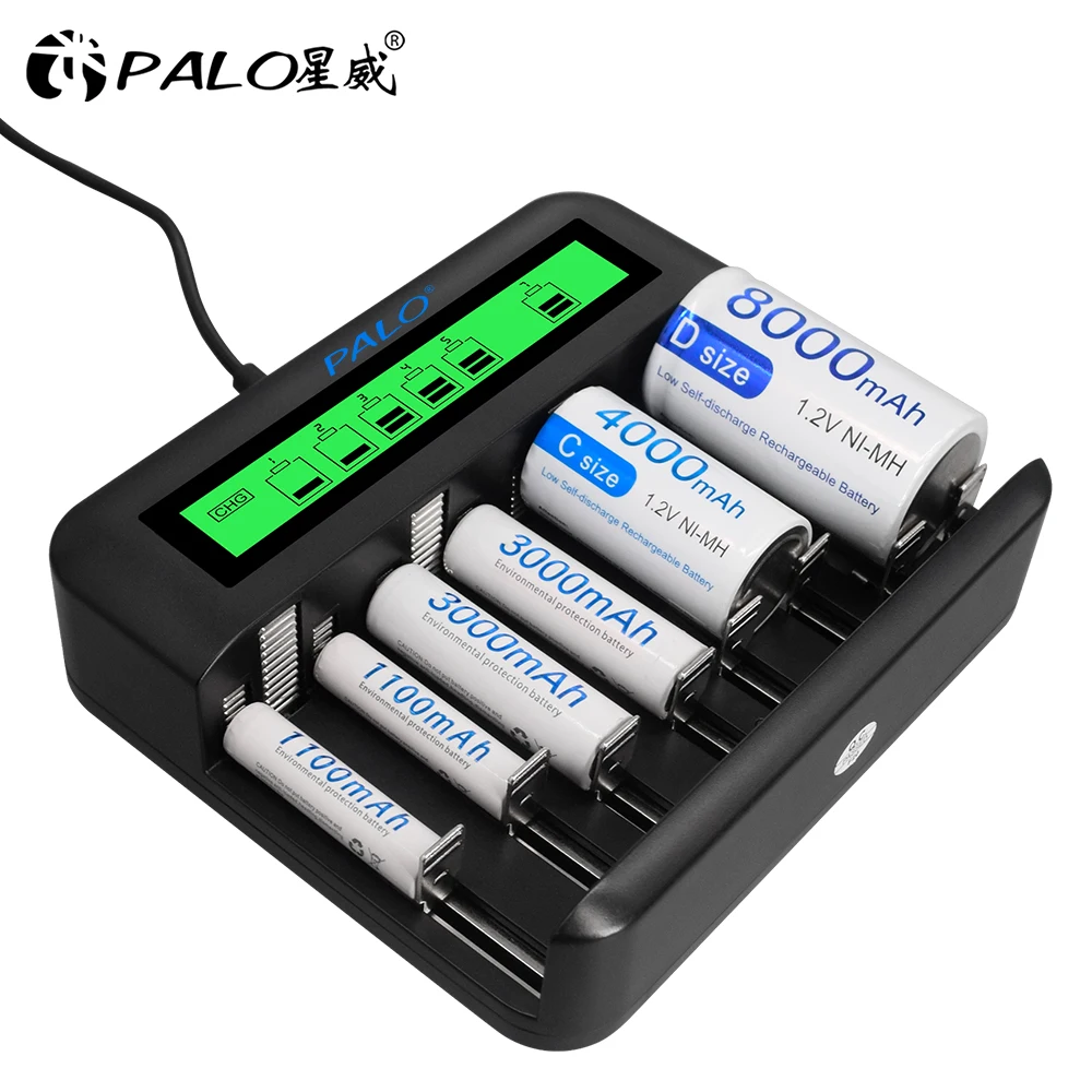 

PALO 8 Slots Battery Charger Intelligent Fast LCD Display USB Charger For AA AAA C D Size Ni-MH Ni-Cd Rechargeable Battery