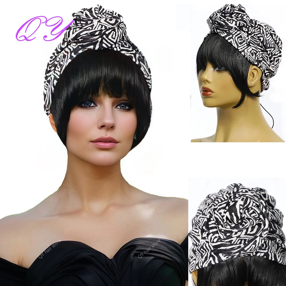 

QY Turban Caps Wig For Women New Style Wig Ombre Black mix white Turban Linked Straight Bangs Synthetic Wig For Women Daily Use