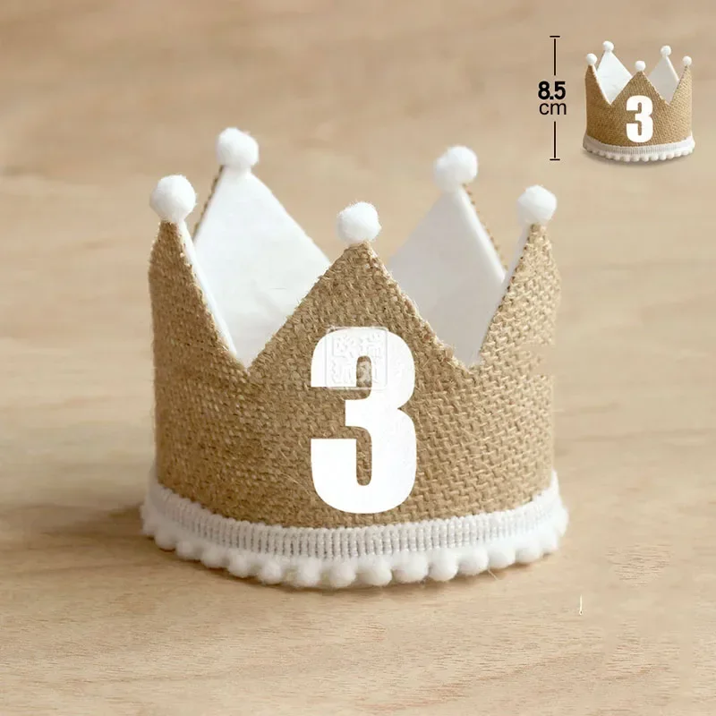 Burlap Crown Baby Birthday Party Hat 1/2 1 2 3 4 5 6 7 8 9 Year Baby Boy Girl Linen Headband 100 Year Adult Anniversary Cap