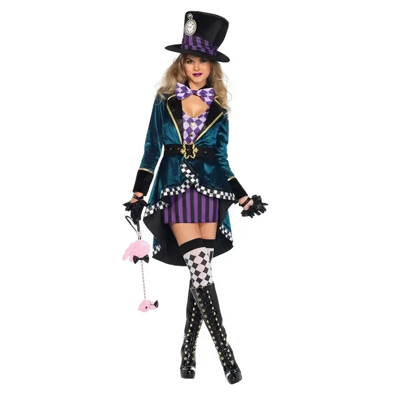 

Halloween Alice Mad Hatter Clown Costume Purim Party Magician Cosplay Dress